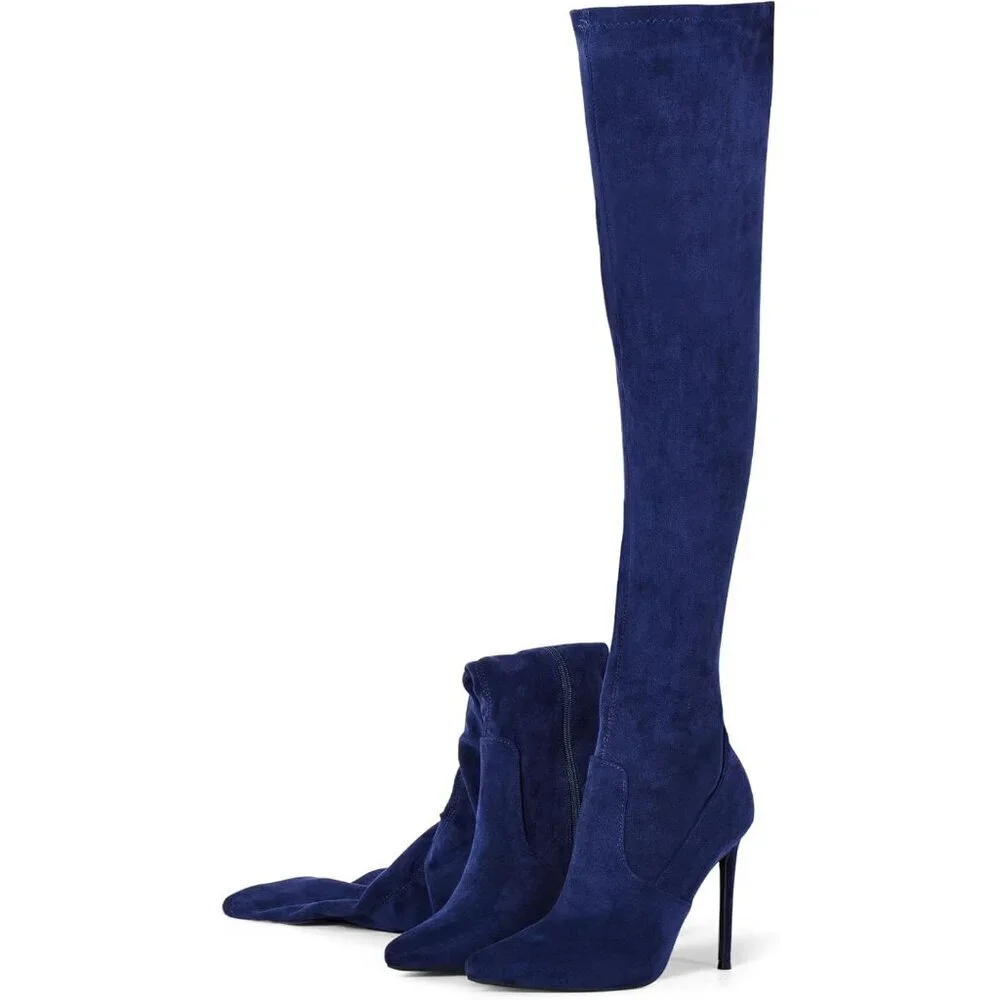 Women Navy Blue Suede Pointed Toe 4.3 inch Stilettos Thigh High Heels Boots